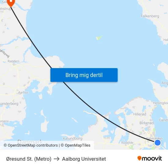Øresund St. (Metro) to Aalborg Universitet map