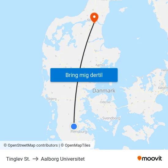 Tinglev St. to Aalborg Universitet map