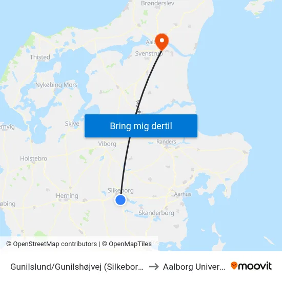 Gunilslund/Gunilshøjvej (Silkeborg Kom) to Aalborg Universitet map