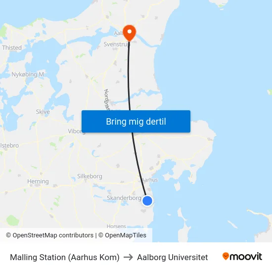 Malling Station  (Aarhus Kom) to Aalborg Universitet map