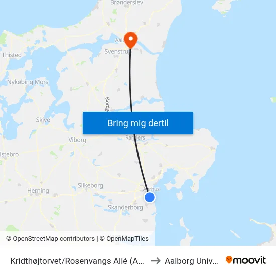 Kridthøjtorvet/Rosenvangs Allé (Aarhus Kom) to Aalborg Universitet map