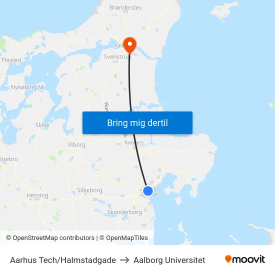 Aarhus Tech/Halmstadgade to Aalborg Universitet map