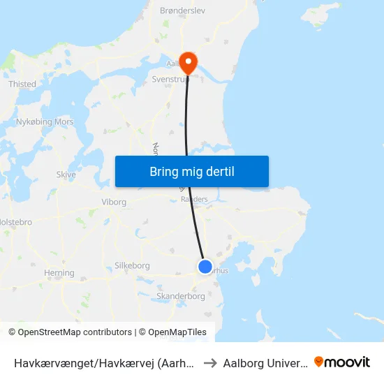 Havkærvænget/Havkærvej (Aarhus Kom) to Aalborg Universitet map