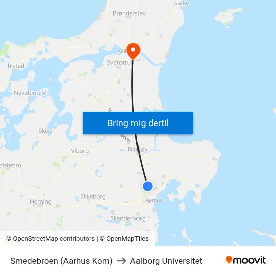Smedebroen (Aarhus Kom) to Aalborg Universitet map