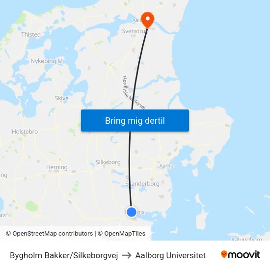 Bygholm Bakker/Silkeborgvej to Aalborg Universitet map