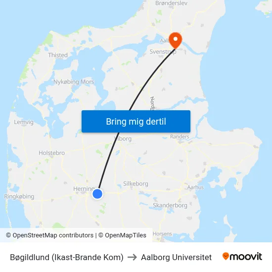 Bøgildlund (Ikast-Brande Kom) to Aalborg Universitet map