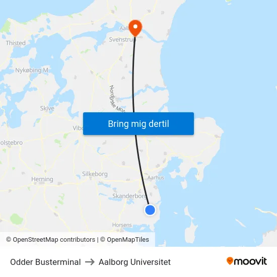 Odder Busterminal to Aalborg Universitet map