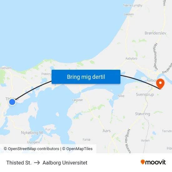 Thisted St. to Aalborg Universitet map