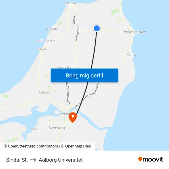 Sindal St. to Aalborg Universitet map