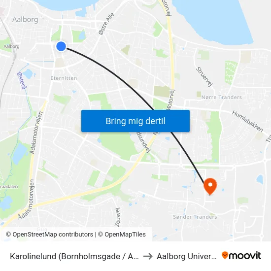 Karolinelund (Bornholmsgade / Aalborg) to Aalborg Universitet map