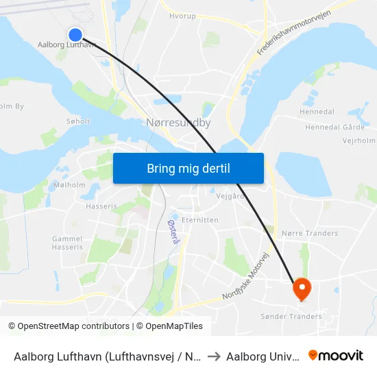 Aalborg Lufthavn (Lufthavnsvej / Nørresundby) to Aalborg Universitet map
