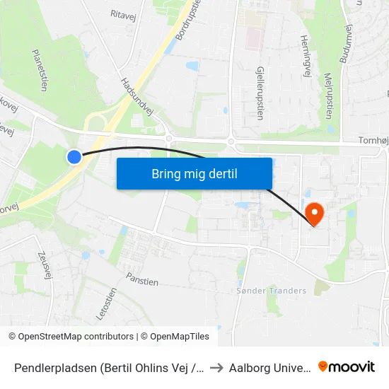 Pendlerpladsen (Bertil Ohlins Vej / Aalborg) to Aalborg Universitet map