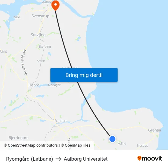 Ryomgård (Letbane) to Aalborg Universitet map