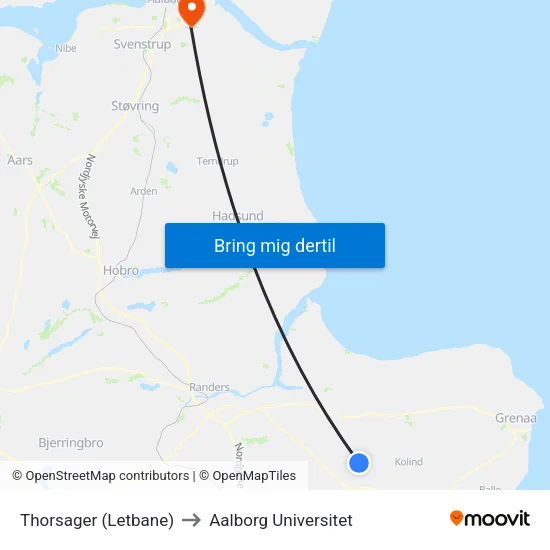 Thorsager (Letbane) to Aalborg Universitet map