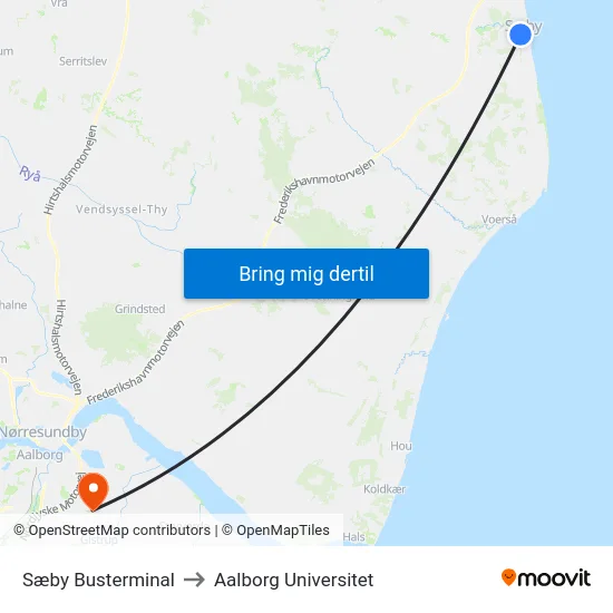 Sæby Busterminal to Aalborg Universitet map