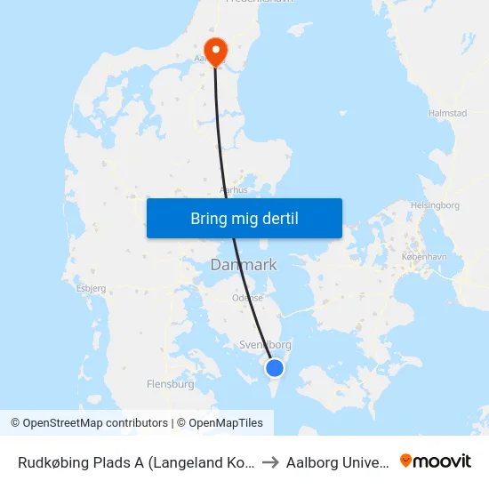 Rudkøbing Plads A (Langeland Kommune) to Aalborg Universitet map