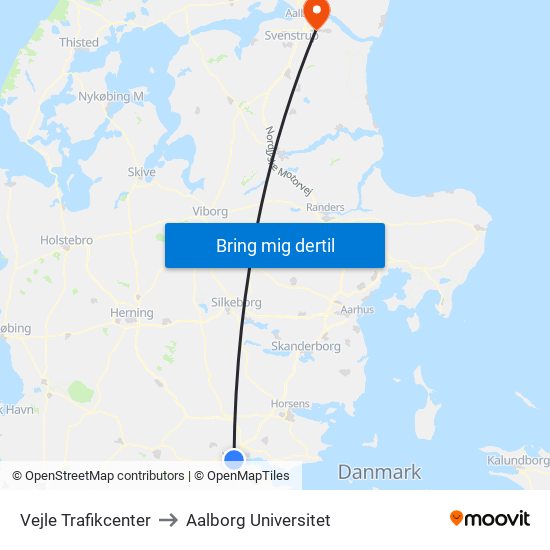 Vejle Trafikcenter to Aalborg Universitet map