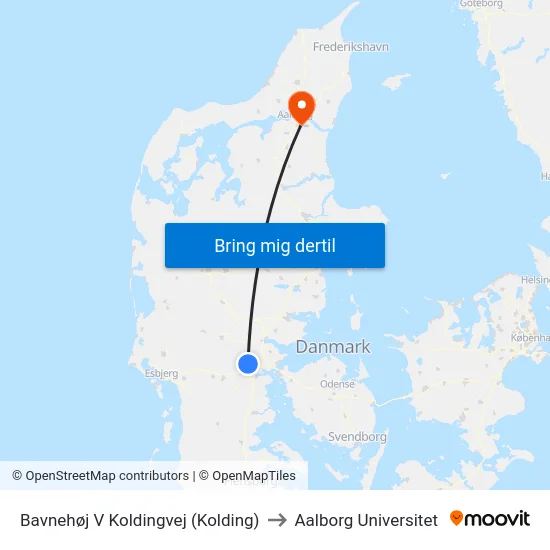 Bavnehøj V Koldingvej (Kolding) to Aalborg Universitet map