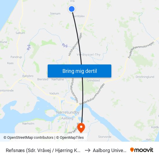 Refsnæs (Sdr. Vråvej / Hjørring Kommune) to Aalborg Universitet map