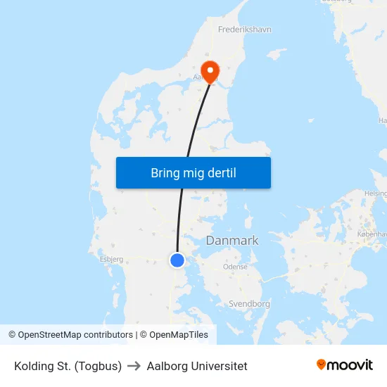 Kolding St. (Togbus) to Aalborg Universitet map