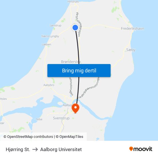 Hjørring St. to Aalborg Universitet map
