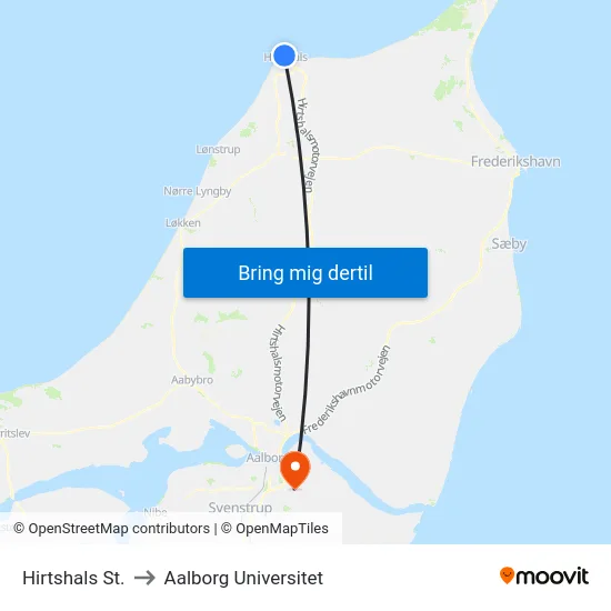 Hirtshals St. to Aalborg Universitet map