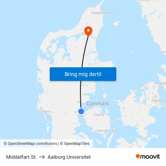 Middelfart St. to Aalborg Universitet map