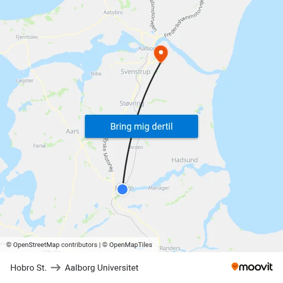 Hobro St. to Aalborg Universitet map