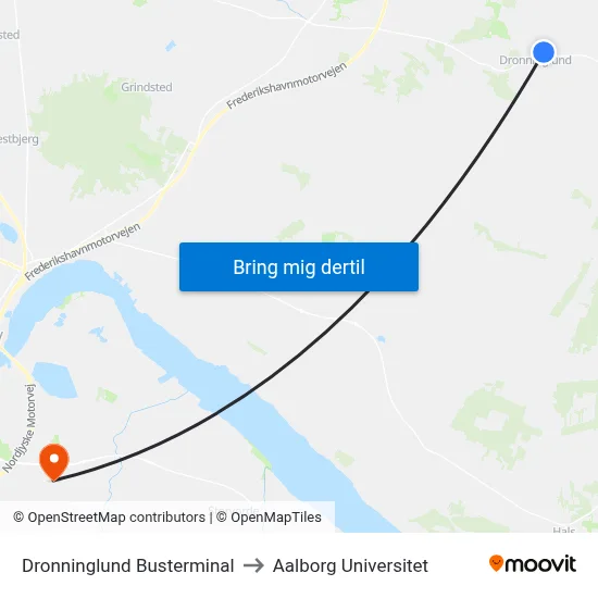 Dronninglund Busterminal to Aalborg Universitet map