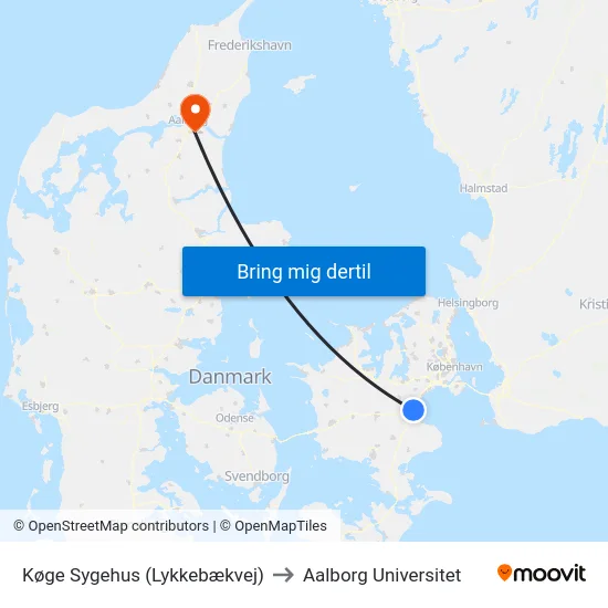 Køge Sygehus (Lykkebækvej) to Aalborg Universitet map