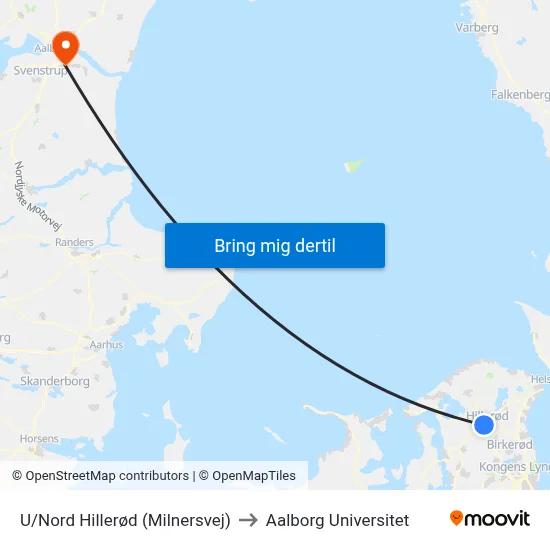 U/Nord Hillerød (Milnersvej) to Aalborg Universitet map