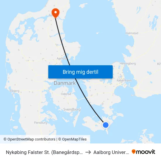 Nykøbing Falster St. (Banegårdspladsen) to Aalborg Universitet map