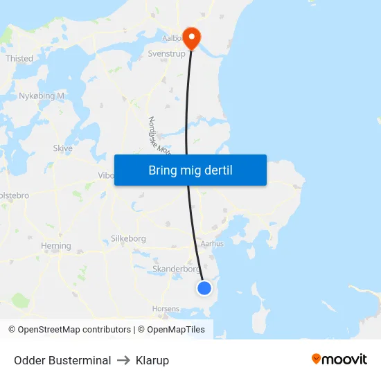 Odder Busterminal to Klarup map