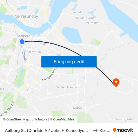 Aalborg St. (Område A / John F. Kennedys Plads) to Klarup map