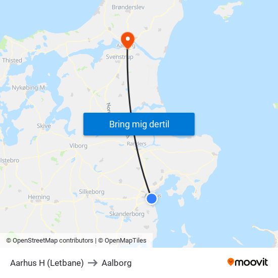 Aarhus H (Letbane) to Aalborg map