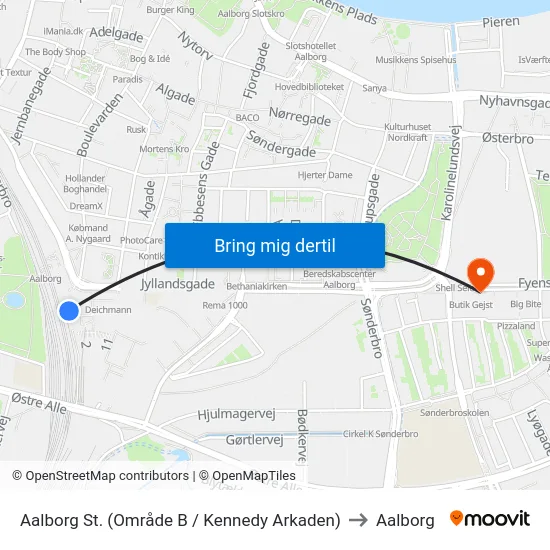 Aalborg St. (Område B / Kennedy Arkaden) to Aalborg map