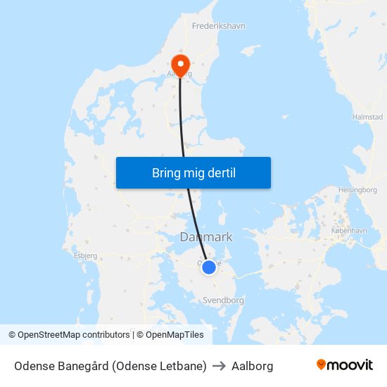 Odense Banegård (Odense Letbane) to Aalborg map