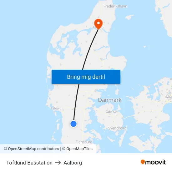 Toftlund Busstation to Aalborg map