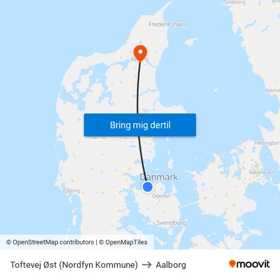 Toftevej Øst (Nordfyn Kommune) to Aalborg map