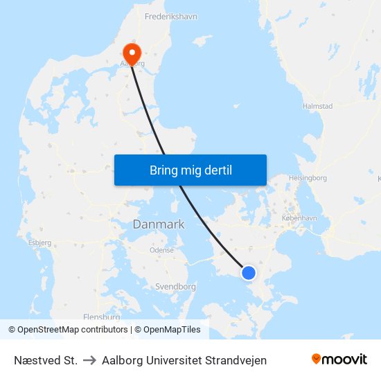 Næstved St. to Aalborg Universitet Strandvejen map