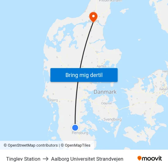 Tinglev Station to Aalborg Universitet Strandvejen map