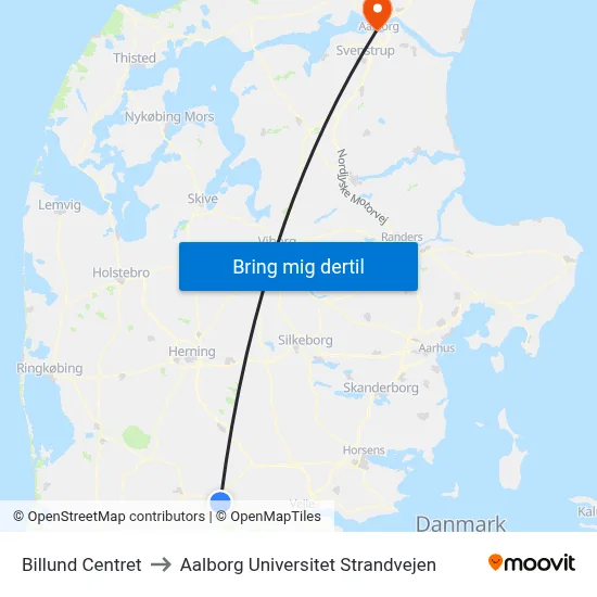 Billund Centret to Aalborg Universitet Strandvejen map