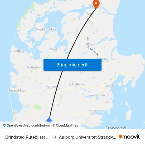 Grindsted Rutebilstation to Aalborg Universitet Strandvejen map