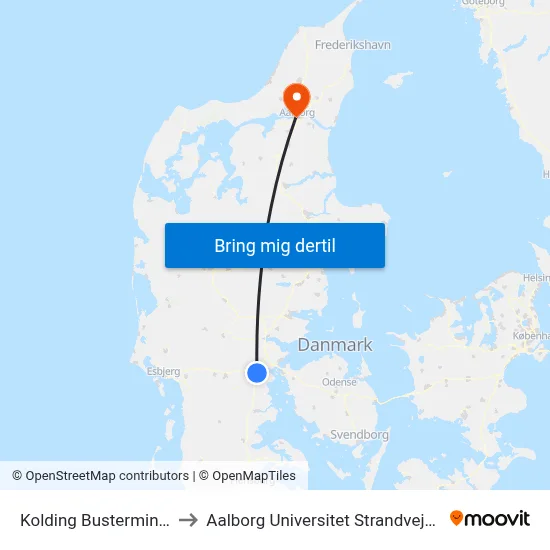 Kolding Busterminal to Aalborg Universitet Strandvejen map