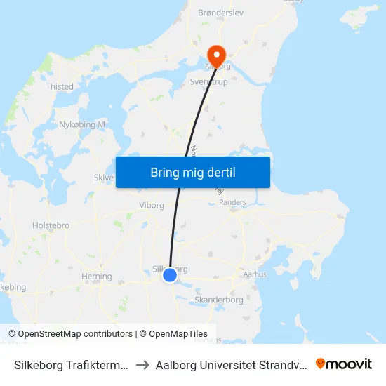 Silkeborg Trafikterminal to Aalborg Universitet Strandvejen map