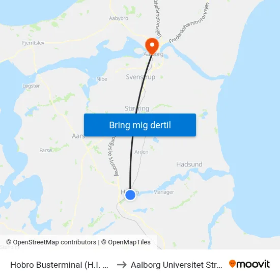 Hobro Busterminal (H.I. Biesgade) to Aalborg Universitet Strandvejen map