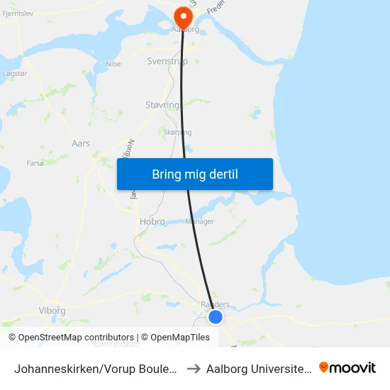 Johanneskirken/Vorup Boulevard (Randers Kom) to Aalborg Universitet Strandvejen map