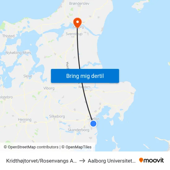 Kridthøjtorvet/Rosenvangs Allé (Aarhus Kom) to Aalborg Universitet Strandvejen map