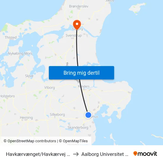 Havkærvænget/Havkærvej (Aarhus Kom) to Aalborg Universitet Strandvejen map