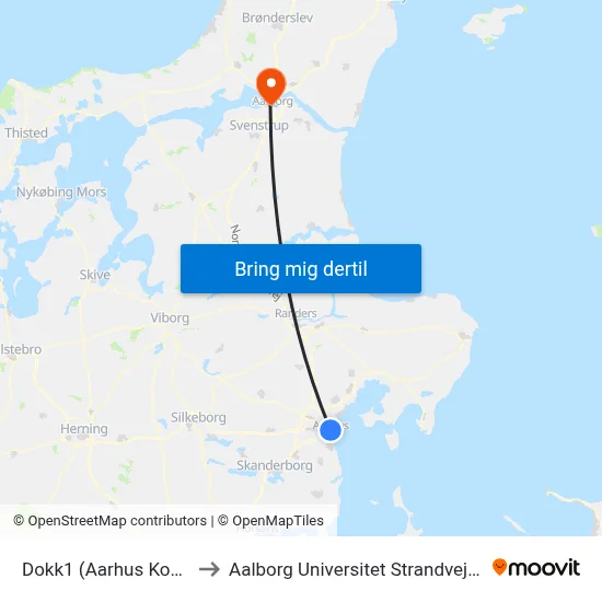 Dokk1 (Aarhus Kom) to Aalborg Universitet Strandvejen map